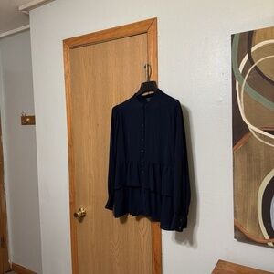 Ann Taylor Factory NWT XL Solid Purple Button-Front Long Sleeve Tiered Blouse